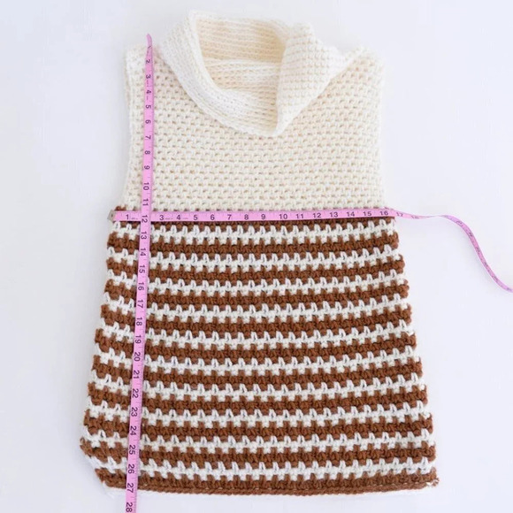 Homemade HANDKNIT Turtleneck Cowl Neck Tunic Vest Cream and Brown Woman's - Picture 5 of 11